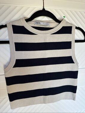 Zara Black & Cream Striped Sleeveless Knit Top